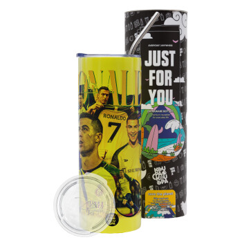 Cristiano Ronaldo Al Nassr, Neon Yellow Travel Tumbler, with metal straw (Stainless steel 304 Food grade, BPA free, 600ml)