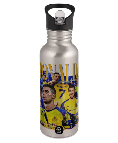 Cristiano Ronaldo Al Nassr — Παγούρι νερού Ασημένιο με καλαμάκι, ανοξείδωτο ατσάλι 600ml