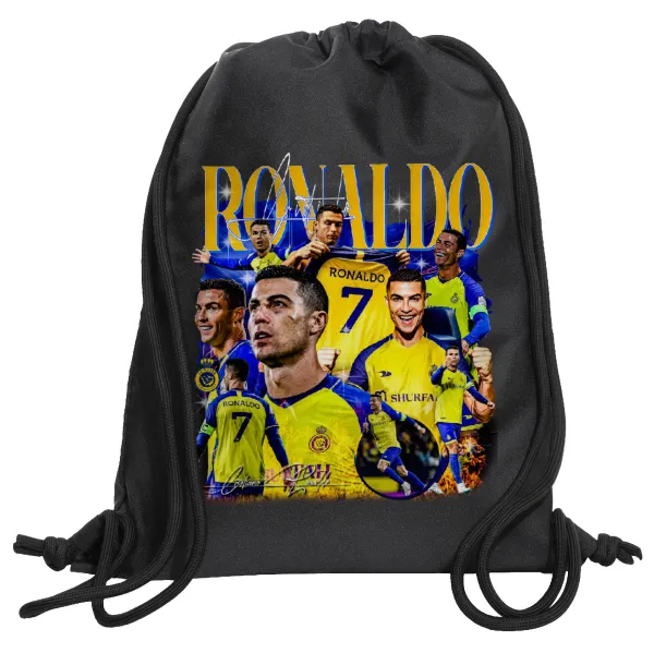 Cristiano Ronaldo Al Nassr — Τσάντα πλάτης πουγκί GYMBAG Μαύρη, με τσέπη (40x48cm) & χονδρά κορδόνια