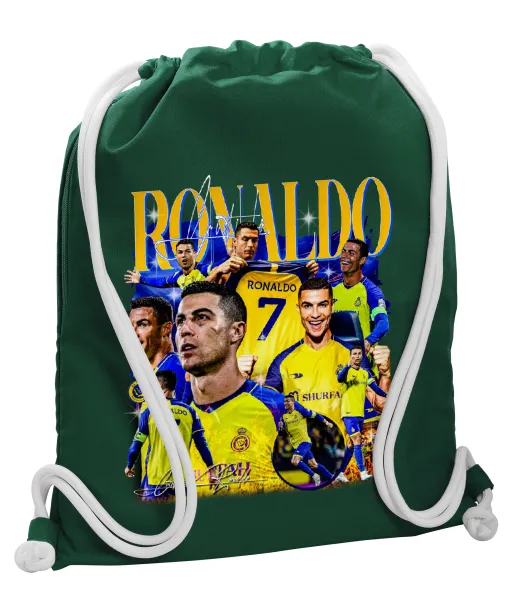 Cristiano Ronaldo Al Nassr — Τσάντα πλάτης πουγκί GYMBAG BOTTLE GREEN, με τσέπη (40x48cm) & χονδρά λευκά κορδόνια