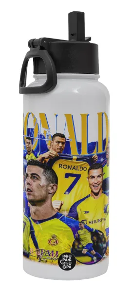 Cristiano Ronaldo Al Nassr — Metal mug thermo White with Straw and Spout Lid (Stainless steel), double wall, 950ml