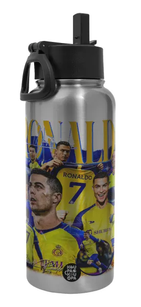 Cristiano Ronaldo Al Nassr — Μεταλλικό παγούρι θερμός Silver με καλαμάκι και χερούλι (Stainless steel), διπλού τοιχώματος, 950ml