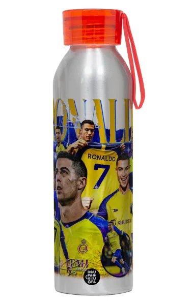 Cristiano Ronaldo Al Nassr — Αλουμινένιο Αθλητικό Μπουκάλι 650ml – Ασημί με Κόκκινο Καπάκι και Λουράκι Σιλικόνης