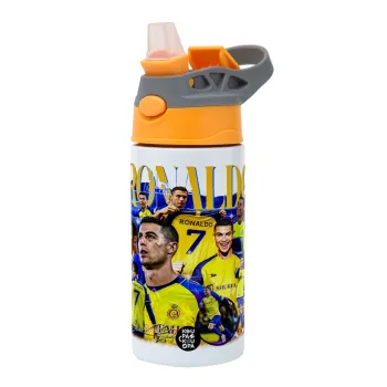 Cristiano Ronaldo Al Nassr, Children's hot water bottle, stainless steel, with safety straw, Orange/Grey (360ml) BPA-FREE