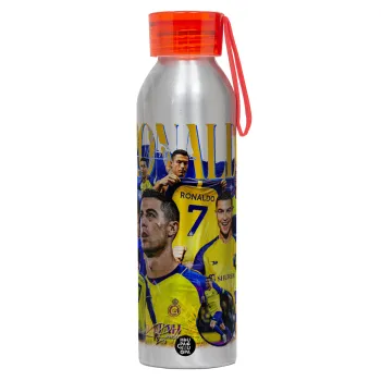 Cristiano Ronaldo Al Nassr, Αλουμινένιο Αθλητικό Μπουκάλι 650ml – Ασημί με Κόκκινο Καπάκι και Λουράκι Σιλικόνης