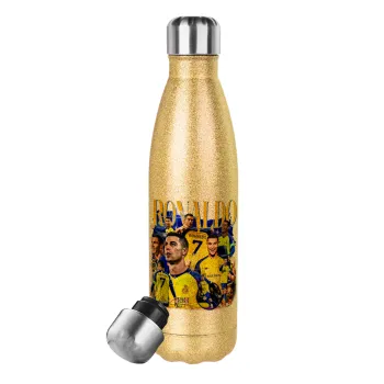 Cristiano Ronaldo Al Nassr, Μεταλλικό παγούρι θερμός Glitter χρυσό (Stainless steel), διπλού τοιχώματος, 500ml