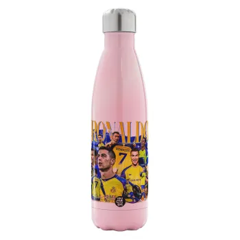 Cristiano Ronaldo Al Nassr, Metal mug thermos Pink Iridiscent (Stainless steel), double wall, 500ml