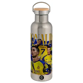 Cristiano Ronaldo Al Nassr, Μεταλλικό παγούρι θερμός (Stainless steel) Ασημένιο με ξύλινο καπακι (bamboo), διπλού τοιχώματος, 750ml