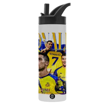 Cristiano Ronaldo Al Nassr, Μεταλλικό παγούρι θερμός με καλαμάκι & χειρολαβή, ανοξείδωτο ατσάλι (Stainless steel 304), διπλού τοιχώματος, 600ml