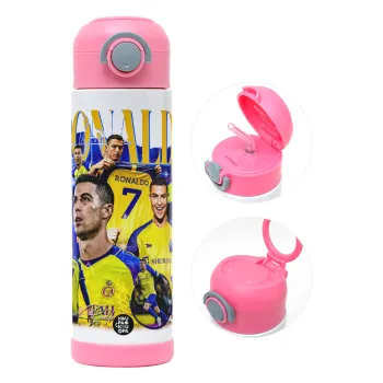 Cristiano Ronaldo Al Nassr, Παιδικό παγούρι θερμό, ανοξείδωτο, με καλαμάκι ασφαλείας, ΡΟΖ (500ml)