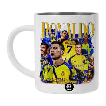 Cristiano Ronaldo Al Nassr, Λευκή Ανοξείδωτη Μεταλλική Κούπα 450ml - Διπλού Τοιχώματος 