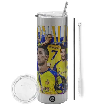 Cristiano Ronaldo Al Nassr, Tumbler ποτήρι θερμό Ασημένιο από ανοξείδωτο ατσάλι 600ml, με μεταλλικό καλαμάκι & βούρτσα καθαρισμού