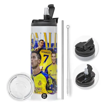 Cristiano Ronaldo Al Nassr, Travel Tumbler θερμό με διπλό καπάκι, μεταλλικό καλαμάκι και βούρτσα καθαρισμού (Ανωξείδωτο 304 Food grade, BPA free, 600ml)