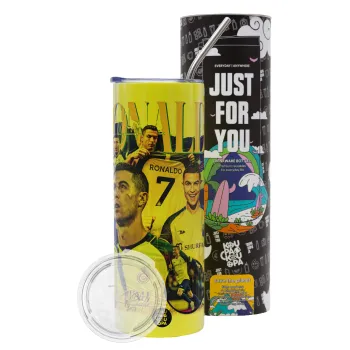 Cristiano Ronaldo Al Nassr, Neon Yellow Travel Tumbler θερμό, μεταλλικό καλαμάκι(Ανωξείδωτο 304 Food grade, BPA free, 600ml)