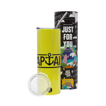 CAPTAIN, Neon Yellow Travel Tumbler θερμό, μεταλλικό καλαμάκι(Ανωξείδωτο 304 Food grade, BPA free, 600ml)