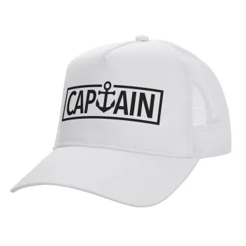 CAPTAIN, Structured Trucker Adult Hat, with Mesh, WHITE (100% COTTON, ADULT, UNISEX, ONE SIZE)