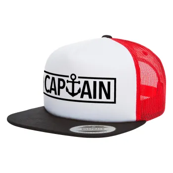 CAPTAIN, Adult Foam Flat Snapback with Mesh Black-White-Red (POLYESTER, ADULT, UNISEX, ONE SIZE)