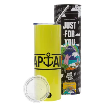 CAPTAIN, Neon Yellow Travel Tumbler, with metal straw (Stainless steel 304 Food grade, BPA free, 600ml)