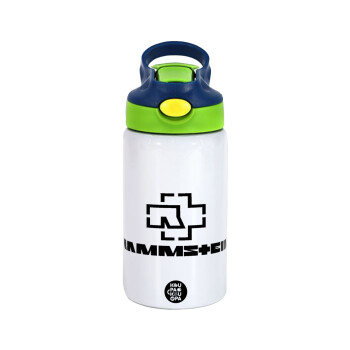 Rammstein, Children's hot water bottle, stainless steel, with safety straw, green, blue (350ml)