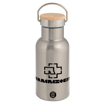 Rammstein, Μεταλλικό παγούρι θερμός (Stainless steel) Ασημένιο με ξύλινο καπακι (bamboo), διπλού τοιχώματος, 350ml