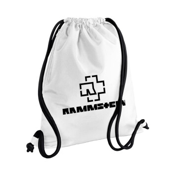 Rammstein, Τσάντα πλάτης πουγκί GYMBAG λευκή, με τσέπη (40x48cm) & χονδρά κορδόνια