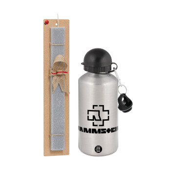 Rammstein, Easter Set, metallic silver aluminum water bottle (500ml) & aromatic flat Easter candle (30cm) (GRAY)