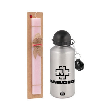 Rammstein, Easter Set, metallic Silver aluminum water bottle (500ml) & scented flat Easter candle (30cm) (PINK)