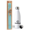 Easter Set, metallic stainless steel water bottle (750ml) & aromatic flat Easter candle (30cm) (TURQUOISE)