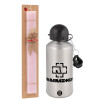 Easter Set, metallic Silver aluminum water bottle (500ml) & scented flat Easter candle (30cm) (PINK)