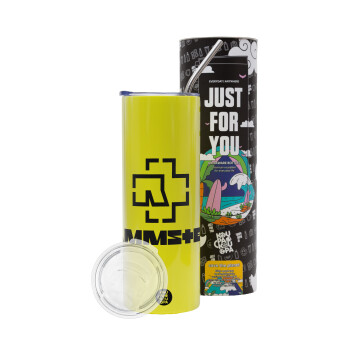 Rammstein, Neon Yellow Travel Tumbler, with metal straw (Stainless steel 304 Food grade, BPA free, 600ml)
