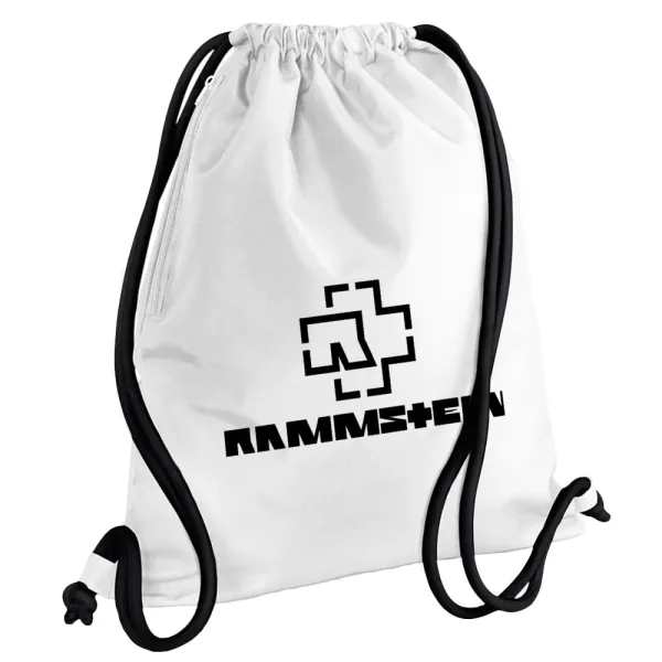Rammstein — Τσάντα πλάτης πουγκί GYMBAG λευκή, με τσέπη (40x48cm) & χονδρά κορδόνια