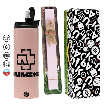 Rammstein, Easter candle,Travel Tumbler 2 Lids, with metal straw & cleaning brush & aromatic flat candle (30cm) (PINK)