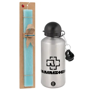 Rammstein, Easter Set, metallic silver aluminum water bottle (500ml) & scented flat Easter candle (30cm) (TURQUOISE)