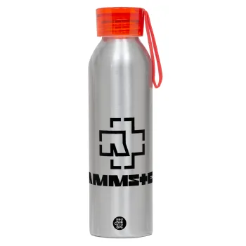 Rammstein, Αλουμινένιο Αθλητικό Μπουκάλι 650ml – Ασημί με Κόκκινο Καπάκι και Λουράκι Σιλικόνης
