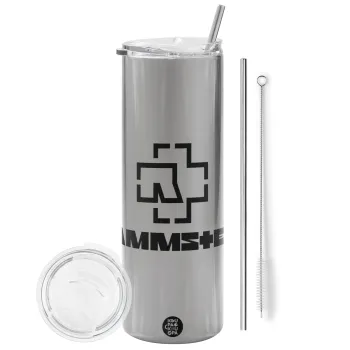 Rammstein, Tumbler ποτήρι θερμό Ασημένιο από ανοξείδωτο ατσάλι 600ml, με μεταλλικό καλαμάκι & βούρτσα καθαρισμού