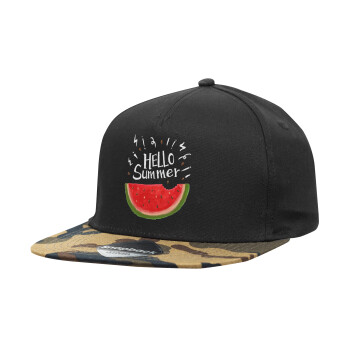 Summer Watermelon, Καπέλο Ενηλίκων Flat Snapback Μαύρο/Παραλλαγή, (100% ΒΑΜΒΑΚΕΡΟ TWILL, ΕΝΗΛΙΚΩΝ, UNISEX, ONE SIZE)