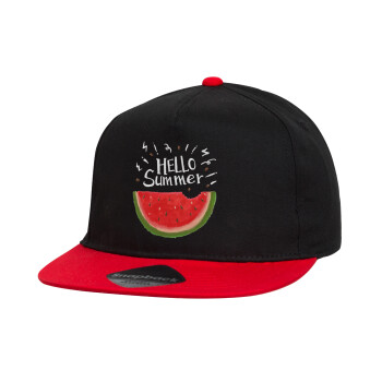 Summer Watermelon, Καπέλο παιδικό Flat Snapback, Μαύρο/Κόκκινο (100% ΒΑΜΒΑΚΕΡΟ, ΠΑΙΔΙΚΟ, UNISEX, ONE SIZE)