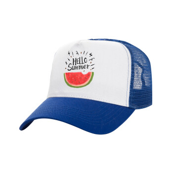 Summer Watermelon, Καπέλο Ενηλίκων Structured Trucker, με Δίχτυ, ΛΕΥΚΟ/ΜΠΛΕ (100% ΒΑΜΒΑΚΕΡΟ, ΕΝΗΛΙΚΩΝ, UNISEX, ONE SIZE)
