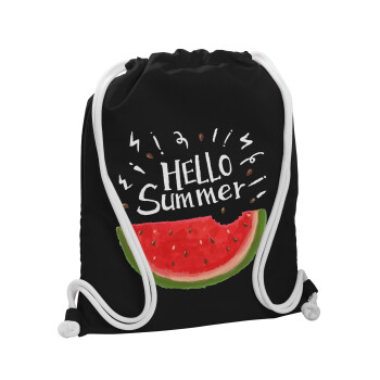 Summer Watermelon, Τσάντα πλάτης πουγκί GYMBAG Μαύρη, με τσέπη (40x48cm) & χονδρά λευκά κορδόνια