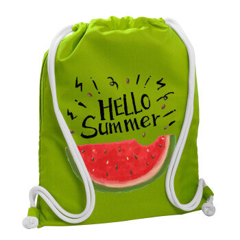 Summer Watermelon, Backpack bag GYMBAG LIME GREEN, with pocket (40x48cm) & thick cords
