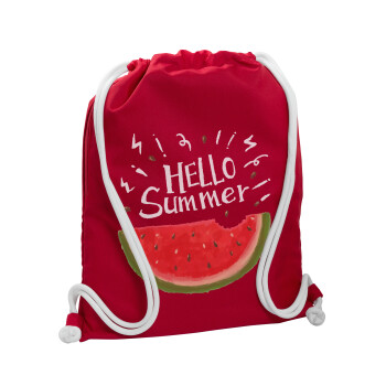 Summer Watermelon, Τσάντα πλάτης πουγκί GYMBAG Κόκκινη, με τσέπη (40x48cm) & χονδρά κορδόνια