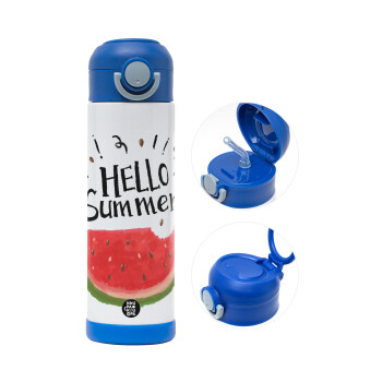 Summer Watermelon, Παιδικό παγούρι θερμό, ανοξείδωτο, με καλαμάκι ασφαλείας, ΜΠΛΕ (500ml)