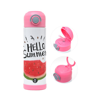 Summer Watermelon, Παιδικό παγούρι θερμό, ανοξείδωτο, με καλαμάκι ασφαλείας, ΡΟΖ (500ml)