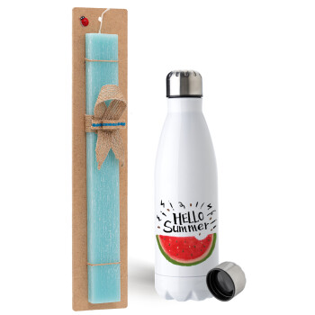 Summer Watermelon, Easter Set, metallic stainless steel water bottle (750ml) & aromatic flat Easter candle (30cm) (TURQUOISE)