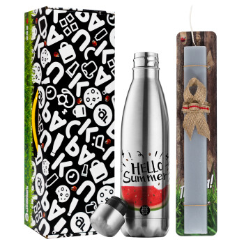 Summer Watermelon, Easter Set, metallic stainless thermos flask (500ml) & scented flat Easter candle (30cm) (GRAY)