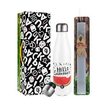 Summer Watermelon, Easter candle, metallic white thermos bottle (500ml) & aromatic flat candle (30cm) (GRAY)