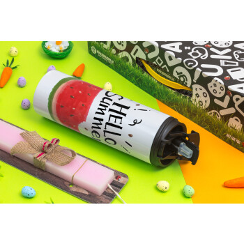 Summer Watermelon, Easter candle,Travel Tumbler 2 Lids, with metal straw & cleaning brush & aromatic flat candle (30cm) (PINK)