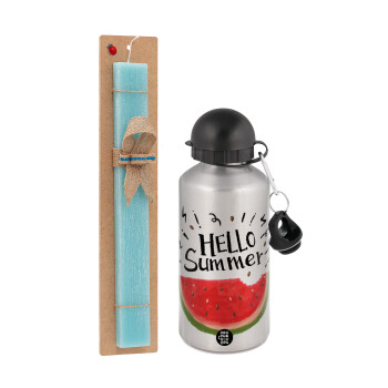 Summer Watermelon, Easter Set, metallic silver aluminum water bottle (500ml) & scented flat Easter candle (30cm) (TURQUOISE)