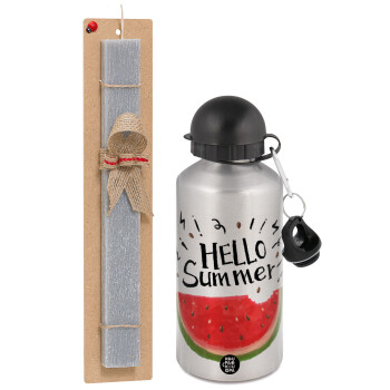 Summer Watermelon, Easter Set, metallic silver aluminum water bottle (500ml) & aromatic flat Easter candle (30cm) (GRAY)