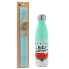 Easter Set, Metallic green/white thermos (Stainless steel), double-walled, 500ml & scented flat Easter candle (30cm) (TURQUOISE)
